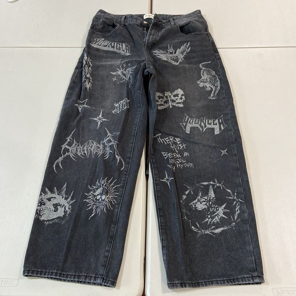 YoungLA 6008 Graffiti Skater Jeans Black Washed Graphic Baggy Men's Size Large